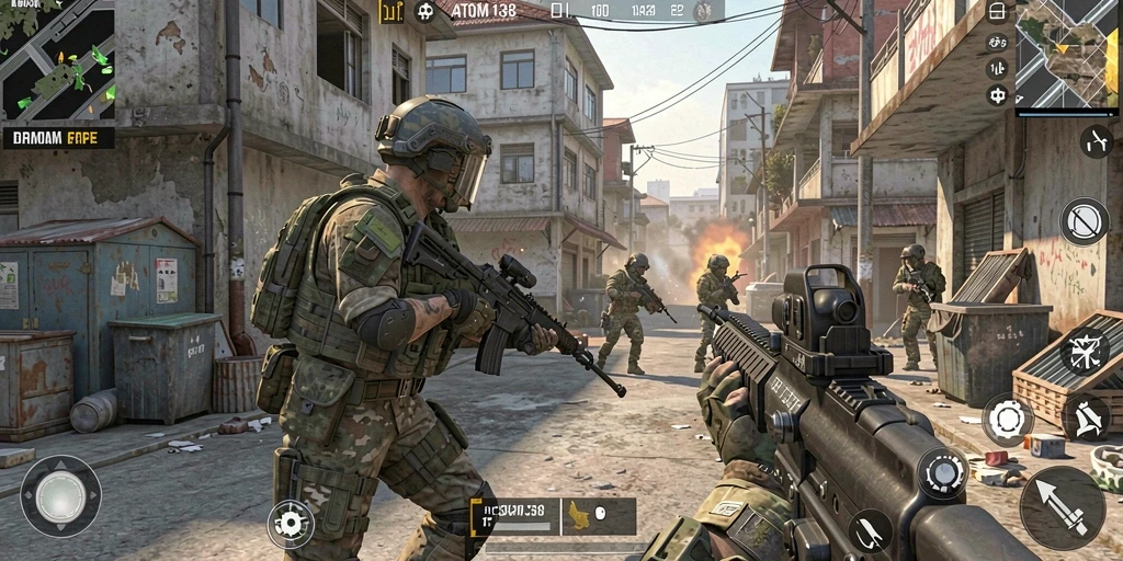 Tangkapan layar gameplay ATOM138 menunjukkan pertempuran seru FPS.