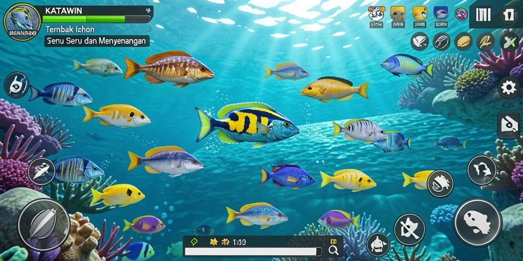 Screenshot gameplay KATAWIN yang seru saat menembak ikan.