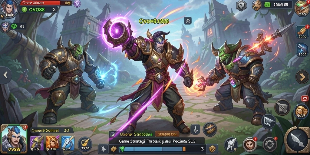 Screenshot utama OVO88 menampilkan aksi pertempuran strategi yang epik.